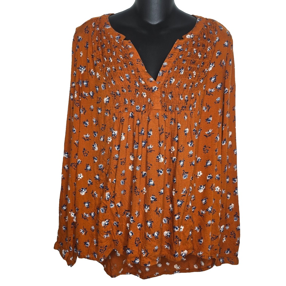 Lucky Brand Womens Medium Top Shirt Blouse Brown Floral Long Sleeves Cottagecore